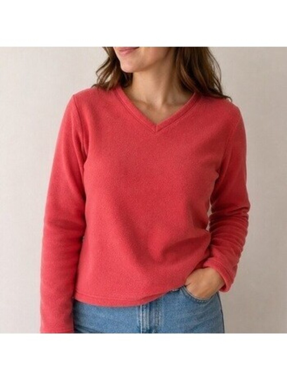 L.L.Bean Coral Fleece Pullover V-Neck Long Sleeve Sweatshirt Small